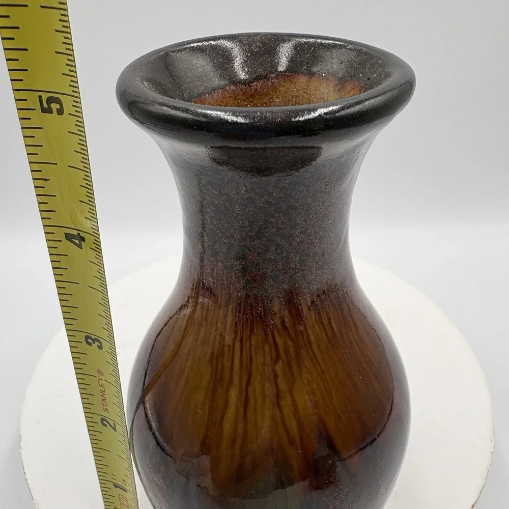 Vintage Small Art Pottery Bud Vase Pretty Drip Glaze Brown Gold Iridescent 5